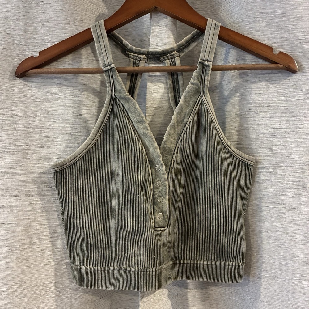Ribbed Stone Wash V-Neck‎ Crop Tank Top Green Fairy Hipster